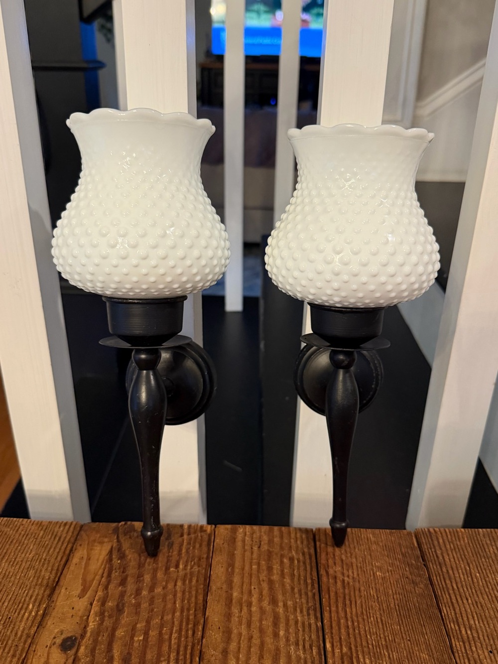 Vintage White Hobnail Glass Candle Wall Sconce with Black Metal Mounts
